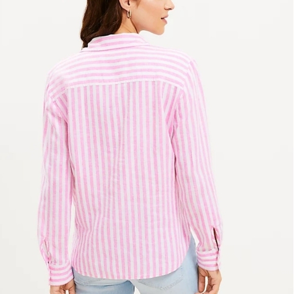 LOFT, Pink Striped Linen Blend Button Down Tie Front Everyday Shirt SZ Large - Picture 4 of 14